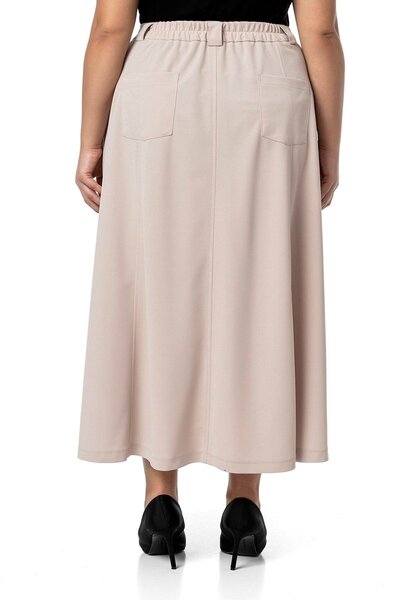 DISENTIS MODEST Plus Size Side Slit Elastic Waist Back Midi Beige Skirt
