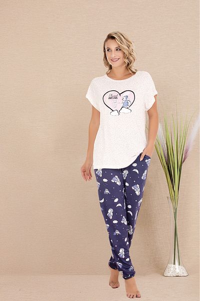 Lady Lingerie Short Sleeve Crew Neck Print 93% Cotton 7% Lycra Women's Pajamas Set