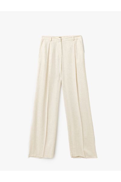 Koton Women's Viscose Linen Blended Wide Leg Pleated Pants with Pockets