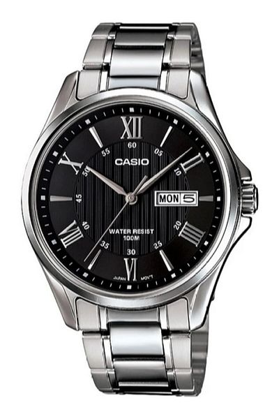 Casio ساعة يد رجالية باللون الفضي مع قرص أسود