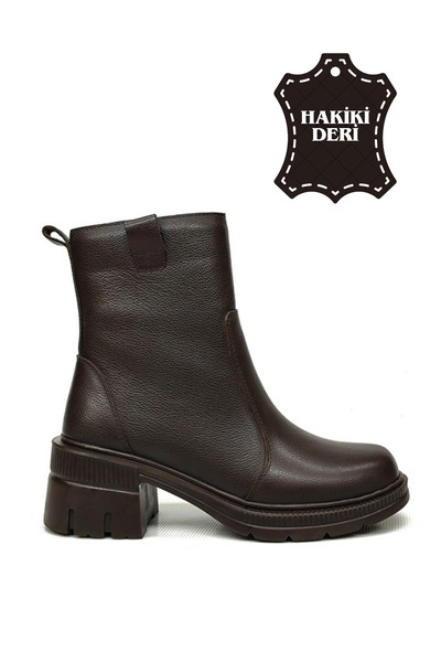 DONDUK Kadın Hakiki Gerçek Deri Topuklu Fermuarlı Acı Kahverengi Bot