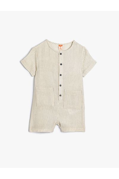 Koton Crew Neck Short Sleeve Cotton Jumpsuit - Button Detail
