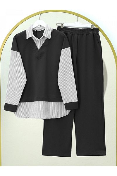 Modamorfo Striped Shirt Detailed V-Neck Set - Black