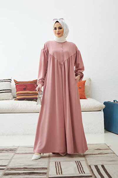 Neways 6586-Krep Büzgülü Elbise Pudra