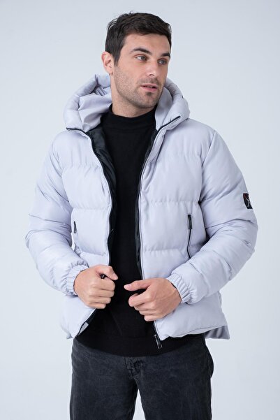 Polo State Men's Hooded Age Of State Printed Puffer Coat Silver