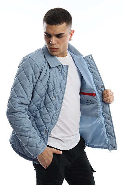 Polo State Men's Winter Diamond Patterned Long Basic Blue Coat