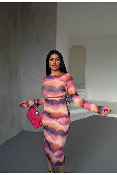 solena sln Women's Finger Print Tie-Dye Print Stylish Tulle Dress