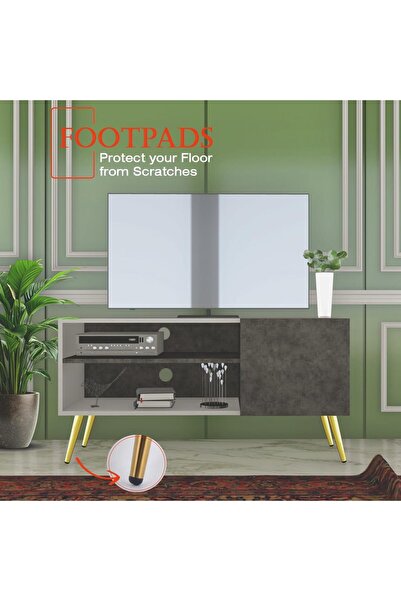 Mahmayi TV Stand, TV Media Console with 2 Storage Cabinets 1 Storage Door-White/Light Concrete