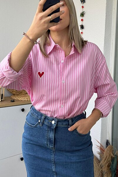 Mivida Kalp Nakışlı Oversize Pembe Gömlek