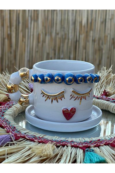 Pernotte Handmade 24 K Gold Plated Evil Eye Girl Turkish Coffee Cup