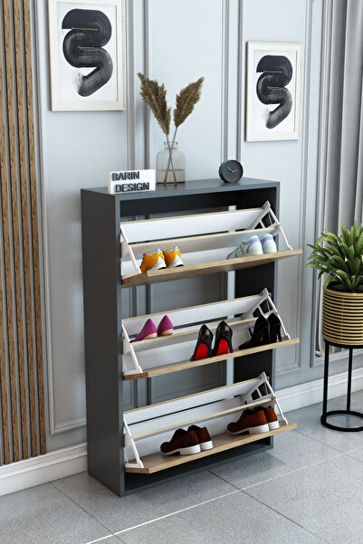BARIN DESIGN 3 Raflı Ayakkabılık Düşer Kapak Kayar Kapak Vestiyer Portmanto Katlı Bölmeli Kapı Önü Modern