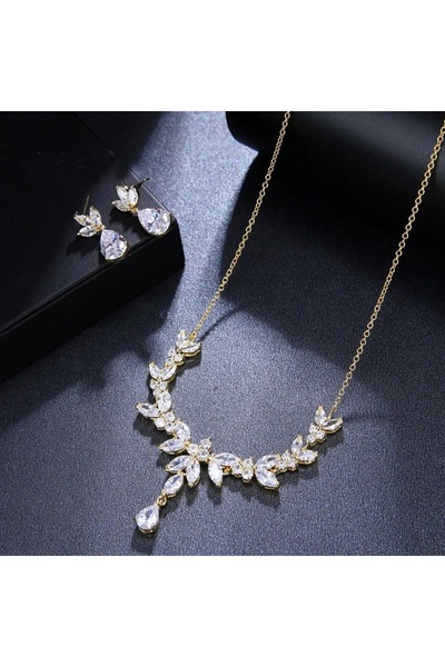 VİYA Lily Sarı-beyaz Altın Zirkon Taşlı Takı Seti Kolye Küpe Düğün Takı Seti