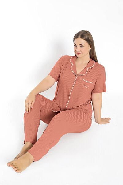 Cotpark Plus Size Women's Viscose Combed Cotton Pajamas Set - Front Button, Short Sleeve Shirt Collar 19060-B