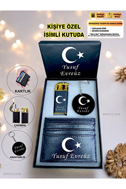 birdoz avm Kişiye Özel İsimli Ayyıldız Lüks Çakmak & Kartlık & Anahtarlık 3 L...