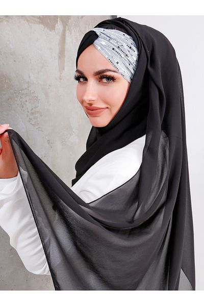 Differenza شال حجاب جاهز بعقدة ترتر لامعة - أسود نصف فضي
