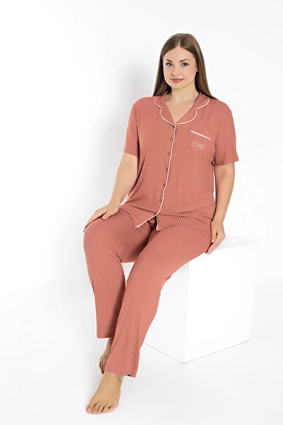 Cotpark Plus Size Women's Viscose Combed Cotton Pajamas Set - Front Button, Short Sleeve Shirt Collar 19060-B