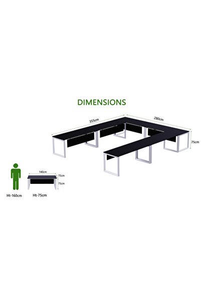 Mahmayi Vorm 136-14 U-Shaped Conference Meeting Table for Office - 12 Seater, Black