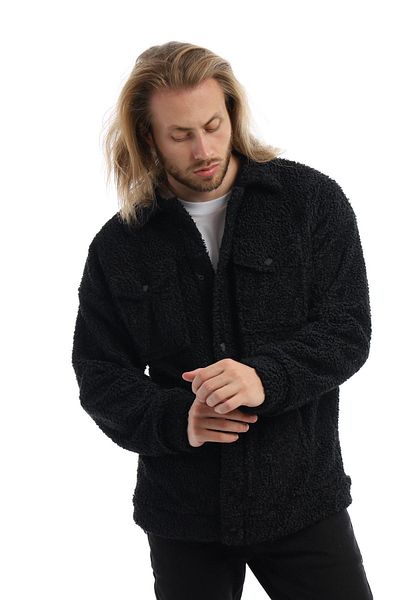 Polo State Ανδρικό Fleece Curly βελούδινο χειμερινό μακρύ χοντρό μαύρο μπουφάν