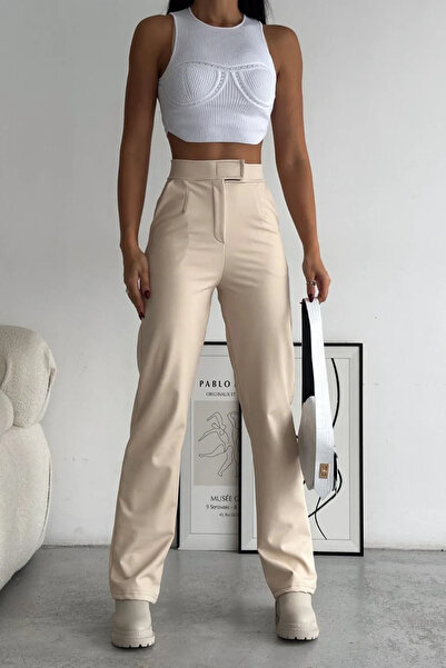 Swana Yüksek Bel Çırt Detaylı Mat Kışlık İçi Şardonlu Bej Deri Pantolon
