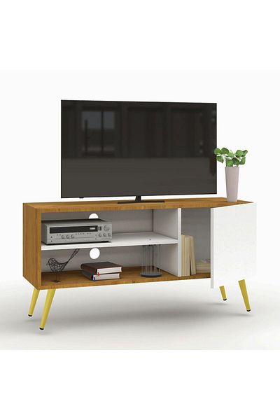Mahmayi Modern TV Stand, TV Media Console with 2 Storage Cabinets 1 Storage Door-Light Walnut/White