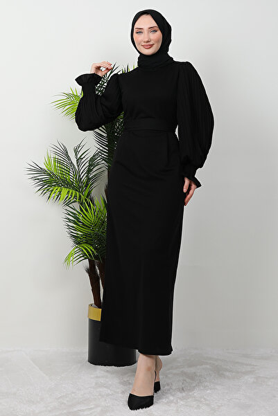 giz astore Kolu Piliseli Gipeli Elbise Siyah