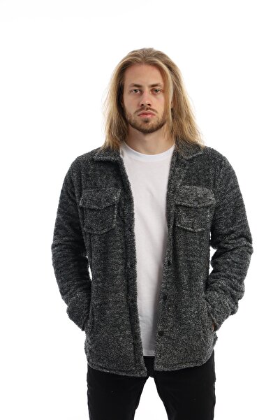 Polo State Erkek Oversize Çıt Çıt Kapamalı Cepli Peluş Antrasit Melanj Ceket