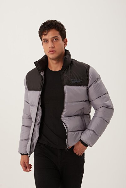 Polo State Men's Stand Collar Long Zippered Oversize Gray Puffer Coat