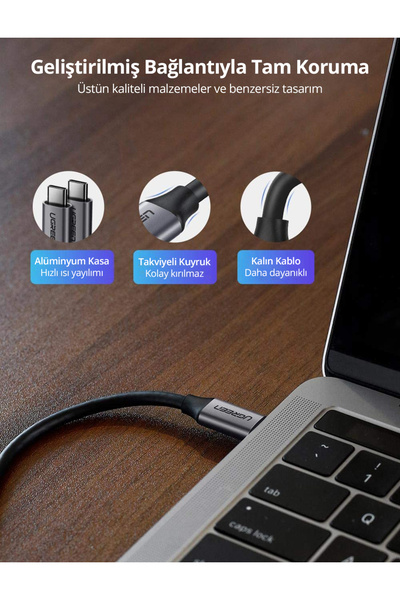 Ugreen USB-C 60W Thunderbolt USB3.1 GEN1 3A QC PD Hızlı Şarj Kablosu, 1.5 Metre, Siyah - 50751