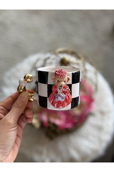 Pernotte El Yapımı 24 K Altın Kaplama Damalı Kız Teddy Türk Kahvesi Fincanı