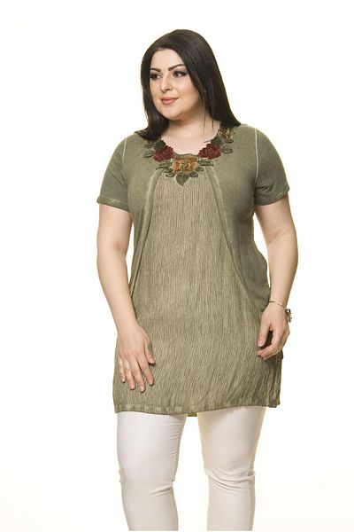 Moday Women's Large Size Khaki Embroidered Tunic A3-3009-1