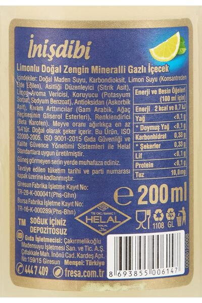 İNİŞDİBİ İnişdibi Limonlu Madensuyu 24'lü Paket (200 ml x 24 Adet)