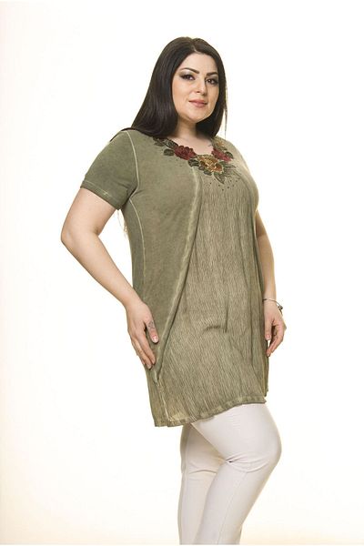 Moday Women's Large Size Khaki Embroidered Tunic A3-3009-1