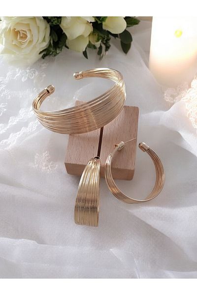 zeynep Z&D Accessory Trend 316L Gold Steel Tarnish Wire Model Earrings and Bracelet Set