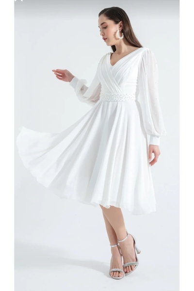 GÜZELLER Midi Boy Uzun Kollu Beli ve Kolu İncili Kravuze Yaka İsteme  Söz Nişan Nikah Elbisesi Abiyesi