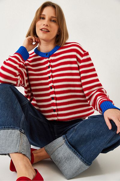 Bianco Lucci Cardigan de tricotaj cu dungi cu cusătură inversă pentru femei 241129 60261316