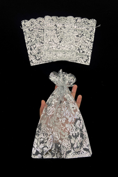 ZEYMERADE Gümüş Güllü Şeffaf Tül Kese 50 Adet Ölçü 15x27cm, Hediye Gelin Düğü...