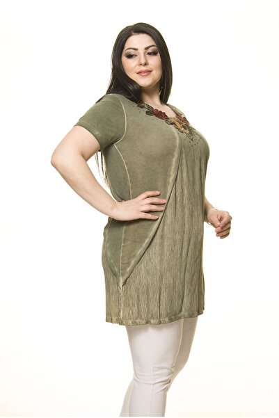 Moday Women's Large Size Khaki Embroidered Tunic A3-3009-1