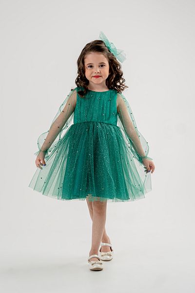 Eray Kids Βραδινό φόρεμα για κορίτσια με πέρλες γκλίτερ μανίκια με λεπτομέρεια από τούλι