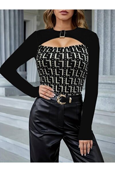 Omarı Women's Long Sleeve Crew Neck Chest Cutout and Buckle Detail Diving Blouse