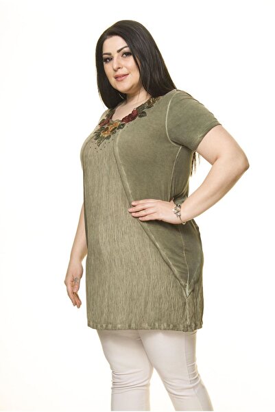 Moday Women's Large Size Khaki Embroidered Tunic A3-3009-1