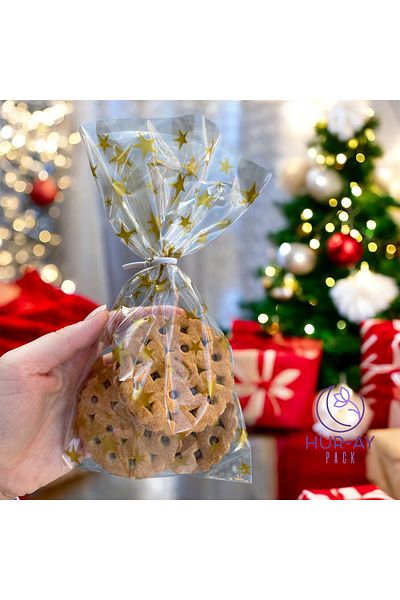 HUR-AY PACK Shiny Gelatin - Gold Star Print Cookie Bag / 12X22 cm / No Tape