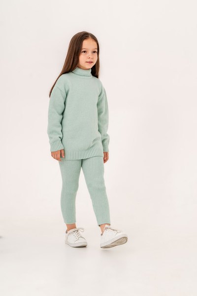 Eray Kids Дівчачий трикотажний светр з коміром і легінси, комплект м'ятного к...