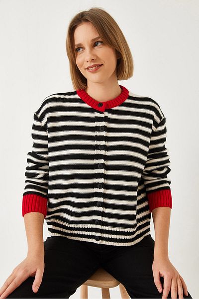 Bianco Lucci Women's Reverse Stitched Striped Knitwear Cardigan 241129 60261316