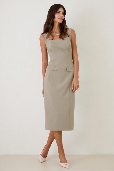 Setre Olive Slim Fit Square Neck Thick Strap Pocket Detailed Midi Length Dress