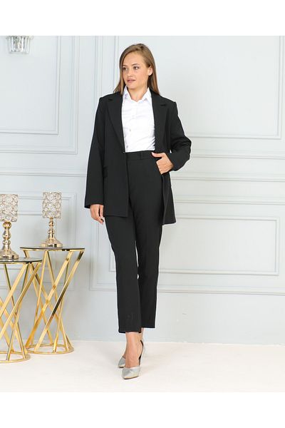 nacar çarşı Women's Black Classic Double Suit Single Button Blazer Jacket - Cartoon Fabric Pants