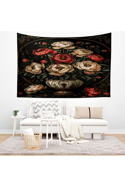 Else Dekor Red and White Floral Print Tapestry - Wall Cover and Carpet