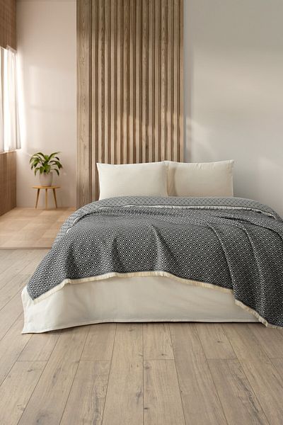 Denizli Concept Black Double Diamonds Pique Set - Multi-Purpose 100% Cotton Bedspread - with Sheets