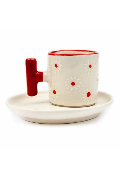 PALTO TASARIM Daisies Hand Painting Embossed Pattern Cream Shiny Turkish Coffee Cup - Handcrafted Gift Coffee F