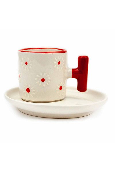PALTO TASARIM Daisies Hand Painting Embossed Pattern Cream Shiny Turkish Coffee Cup - Handcrafted Gift Coffee F