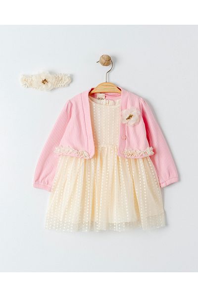 Eray Kids Flower and Polka Dot Detailed Bandana Baby Girl Cardigan Dress Set